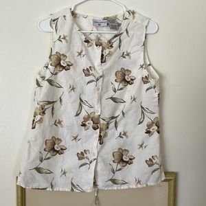 Kathy Ireland floral white, green and brown ramie and cotton button down
